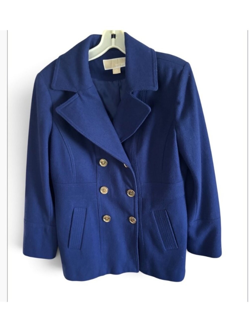 Michael Kors Royal Blue Wool Fitted Waist Signature Buttons Warm Coat Jacket L